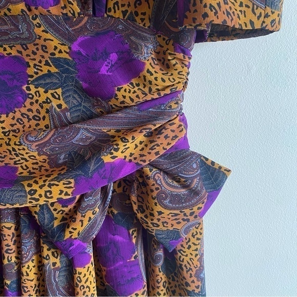 Vintage 80s Nu Mode V Neck Faux Wrap Back Zip Animal Print Shoulder Pads Size L - Picture 7 of 13